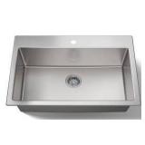 Stainless Steel 1 Hole Center Drain Sink, 33 W x 22 D x 8 3/4 H Inch- Retail: $429