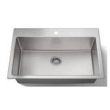 Stainless Steel 1 Hole Center Drain Sink, 33 W x 22 D x 8 3/4 H Inch- Retail: $429