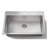 Stainless Steel 1 Hole Center Drain Sink, 33 W x 22 D x 8 3/4 H Inch- Retail: $429