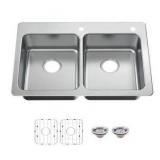 Glacier Bay Bratten 33 in. Drop-In 50/50 Double Bowl 18 Gauge Stainless Steel Kitchen Sink with Accessories- Retail: $229