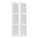 TENONER 30 in. x 80 in. 3-Lite Frosted Glass Solid Core White Finished MDF Bi-fold Door with Lock, Handle, and Hardware Kit- Retail: $289