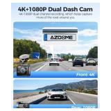 AZDOME 4K Dash Cam Front and Rear, STARVIS Night Vision, UHD 2160P WiFi Dash Camera for Cars with GPS, Included 64GB Card, 2.4" IPS Screen Dashcam, 170 Wide Angle, WDR, 24H Parking Mode (GS63H Pro)