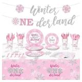 Tiamon 172 Pcs Winter Onederland Party Supply, Girls 1st Birthday Banner Pink and Silver Snowflake Tablecloth Winter Snowflake Plate Napkin Cup Tableware Set for Girl First Birthday Party Supply Decor