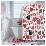 72"x72" Valentines Shower Curtain for Bathroom with 12 Hooks, Oil Painting Red Black Pink Heart Valentine