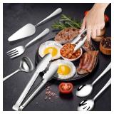 OUNONA 12 Pcs Serving Utensils,2 forks + 1 Spatula + 2 Colanders + 2 Spoons + 1 Large spoon + 2 Large clips + 2 Small Clips, Stainless Steel Catering Serving Utensils for Party Buffet Dinner Banquet