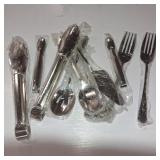 OUNONA 12 Pcs Serving Utensils,2 forks + 1 Spatula + 2 Colanders + 2 Spoons + 1 Large spoon + 2 Large clips + 2 Small Clips, Stainless Steel Catering Serving Utensils for Party Buffet Dinner Banquet
