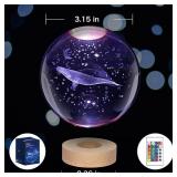 3D Whale in Crystal Ball Night Light - 16 Color Remote Control, Wooden Base LED Lamp for Bedroom Decor, Kids Room, Relaxation Gift