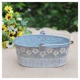 Yardwe Vintage Embossed Metal Bucket Planter with Daisy Pattern Small Oval Galvanized Tin Bucket for Indoor Outdoor Garden Decor 7.5X6.3X3.1 Inch