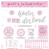 Tiamon 172 Pcs Winter Onederland Party Supply, Girls 1st Birthday Banner Pink and Silver Snowflake Tablecloth Winter Snowflake Plate Napkin Cup Tableware Set for Girl First Birthday Party Supply Decor
