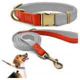 Nylon Dog Leash and Collar Set with Metal Quick Release Buckle, Adjustable, Durable High-Density Fabric, Breathable, Soft and Comfortable for Walking and Training, Silver-Gray, M (12.6"-19.6")