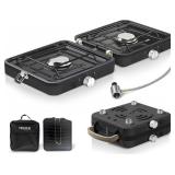 Propane 2 Burner Camping Stove with Griddle and Carrying Bag, Portable Propane Camp Stove with 2 Adjustable Burners & Piezo Ignition, for Camping Tailgating Essentials Gear