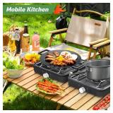 Propane 2 Burner Camping Stove with Griddle and Carrying Bag, Portable Propane Camp Stove with 2 Adjustable Burners & Piezo Ignition, for Camping Tailgating Essentials Gear
