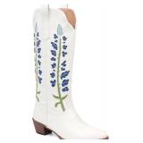 Cowboy Boots For Women, Cute Bluebonnet White Cowgirl Boots Floral Embroidered Knee High Country Boots Pointed Toe Chunky Heel Wide Calf Mid Calf Cowboy Boots SIZE 36