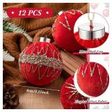 12 Pcs Red Velvet Christmas Ornaments 80mm/ 3.2 Inches Large Neutral Flocked Ball Hanging Ornament Xmas Balls Set for Christmas Tree Decorations Party Hanging Decor
