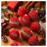 12 Pcs Red Velvet Christmas Ornaments 80mm/ 3.2 Inches Large Neutral Flocked Ball Hanging Ornament Xmas Balls Set for Christmas Tree Decorations Party Hanging Decor