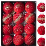 12 Pcs Red Velvet Christmas Ornaments 80mm/ 3.2 Inches Large Neutral Flocked Ball Hanging Ornament Xmas Balls Set for Christmas Tree Decorations Party Hanging Decor