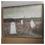 Pinetree Art Funny Framed Easter Canvas Wall Art for Living Room, Cute Ghosts at Wildflower Meadow Painting Prints- Vintage Spooky Wall Art for Bedroom Home Decor (12" x 16", K)