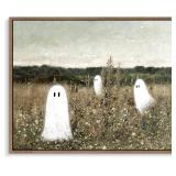 Pinetree Art Funny Framed Easter Canvas Wall Art for Living Room, Cute Ghosts at Wildflower Meadow Painting Prints- Vintage Spooky Wall Art for Bedroom Home Decor (12" x 16", K)