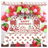 226 PCs Strawberry Birthday Party Decorations, Hombae Strawberry Supplies for Birthday Party Backdrop Balloon Garland Banner Tablecloth Plates Napkin Cup Straw Knife Fork Spoon Pink White Red