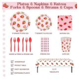 226 PCs Strawberry Birthday Party Decorations, Hombae Strawberry Supplies for Birthday Party Backdrop Balloon Garland Banner Tablecloth Plates Napkin Cup Straw Knife Fork Spoon Pink White Red
