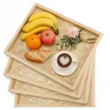 Vicenpal 4 Pcs Bamboo Wicker Serving Trays for Foods & Drinks, 16.93" x 13" Rectangular Flat Baskets Trays, Decorative Bamboo Basket Tray for Dinner Coffee Table Picnic Fruit Snack Holder Bed Eating