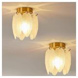 2 Packs Gold Semi Flush Mount Ceiling Light Fixtures Glass Vintage Hallway Light Fixture, Indoor Close to Ceiling Lamp for Hallway Entryway Kitchen, Bulb Not Included (Feather)