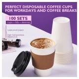 12 oz 100 Pack Disposable Coffee Cups with Lids and Sleeves, Coffee Paper Cups with Lids, To Go Beverage Drinking Cup for Coffee, Tea