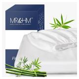 MR&HM King Fitted Sheet Only, Ultra-Soft Rayon Derived from Bamboo & Polyester Blend, Silky & Breathable, 15" Deep Pocket with Elastic Straps, Cooling Fitted Sheet for Hot Sleepers, White