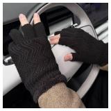 Fingerless Gloves Men Winter 3-Cut Fingers Knitted Warm Fleece Lining Glove for Cold Weather