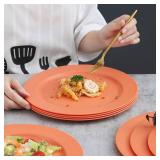 Kyraton 10 Inch Large Plastic Plates 8 Pieces, Dishwasher Safe, Unbreakable And Reusable Light Weight Dinner Plates Microwave Safe BPA Free (Orange)