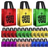Sweetude 12 Pcs Christian Easter Gift Bags Bulk Non Woven Jesus Loves You Bags 7.87 x 10.24 x 3.94 in Colorful Religious Church Gift