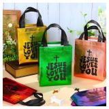 Sweetude 12 Pcs Christian Easter Gift Bags Bulk Non Woven Jesus Loves You Bags 7.87 x 10.24 x 3.94 in Colorful Religious Church Gift