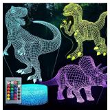 GLUAAE 3D Dinosaur Night Light, 3D Illusion Lamp Three Pattern and 7 Color Change Decor Lamp with Remote Control f (Three dinosaurs) 2 Pack