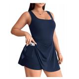 SOLY HUX Women's Plus Size Sleeveless Rompers Square Neck Athletic Tennis Dress Built in Shorts Dark Blue Extra Large Plus -