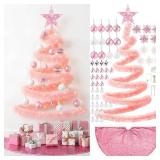 91 Pcs DIY Wall Christmas Tree Kits, 66 Ft Xmas Garland Star Topper Tree Skirt Ball Ornaments String Lights Candy Cane Poinsettia Flowers (Pink)