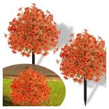 Set of 2 Artificial Fall Topiary Ball Flowers for Outdoor Decoration with Spike 20", UV Resistant Fake Autumn Floral Shrubs, Realistic Faux Bushes Plants for Garden,Yard,Porch and Patio Decor