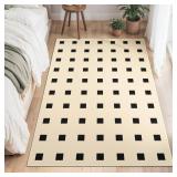 4x6 Checkered Washable Area Rug, Non-Slip Non-Shedding & Easy Care, Soft Low Pile Faux Wool Distressed Indoor Floor Carpet
