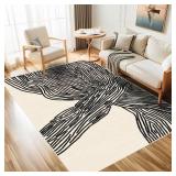 5 X 7 Beige and Black Rug for Living Room, Modern Washable Abstract Area Rug, Low Pile Contemporary Striped Large Carpet