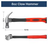 8OZ Claw Hammer with Fiberglass Handle, Drop Forged Claw Hammer, All Purpose Hammer, Smooth Face, Shock-Absorbing Grip