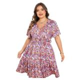 Plus Size Dress for Curvy Women, Floral Sleeves Tiered with Empire Waist and Pockets-  Purple -Size XL