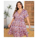Plus Size Dress for Curvy Women, Floral Sleeves Tiered with Empire Waist and Pockets-  Purple -Size XL