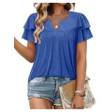 Womens Tunic Top Blue T Shirts V Neck Puff Short Sleeve - Size L