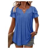 Womens Tunic Top Blue T Shirts V Neck Puff Short Sleeve - Size L
