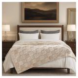 Checkered Faux Rabbit Fur Twin Blanket for Bed, Soft Fuzzy Blankets  (60- 80 Inches Beige)