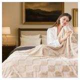 Checkered Faux Rabbit Fur Twin Blanket for Bed, Soft Fuzzy Blankets  (60- 80 Inches Beige)