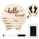 Baby Birth Announcement Sign, 5.8 Inch Wooden Hello World Newborn Name Sign for Hospital with Marker and Stand, Baby Welcome Sign Photo Props