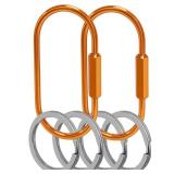 Key Chain, Brass Key Rings 2 Pack Screw Lock Key Organizer with 4 Rings Carabiner Keychain Clip (Orange)