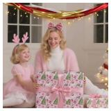 Pink Christmas Wrapping Paper 40 X 28 Inch Jumbo Sheets, Non-Tear Bulk Gift Wrap- 4 Pre-Cut Sheets