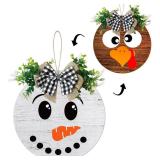 Thanksgiving/Winter Hanging Door Sign, Turkey/Snowman Reversible Door Wreath Hanging Decorations for Front Door Farmhouse Thanksgiving/Winter/Christmas Decorations Indoor Outdoor