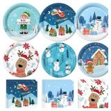 100 PCS Christmas Paper Plates and Napkins Sets Christmas Disposable Plates - Dinner Plates, Dessert Plates, and Napkins for Xmas Party Decorations, Serve 30
